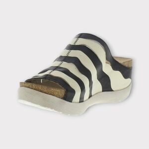 Fly London Black & White Stripe Strappy Platform Sandals